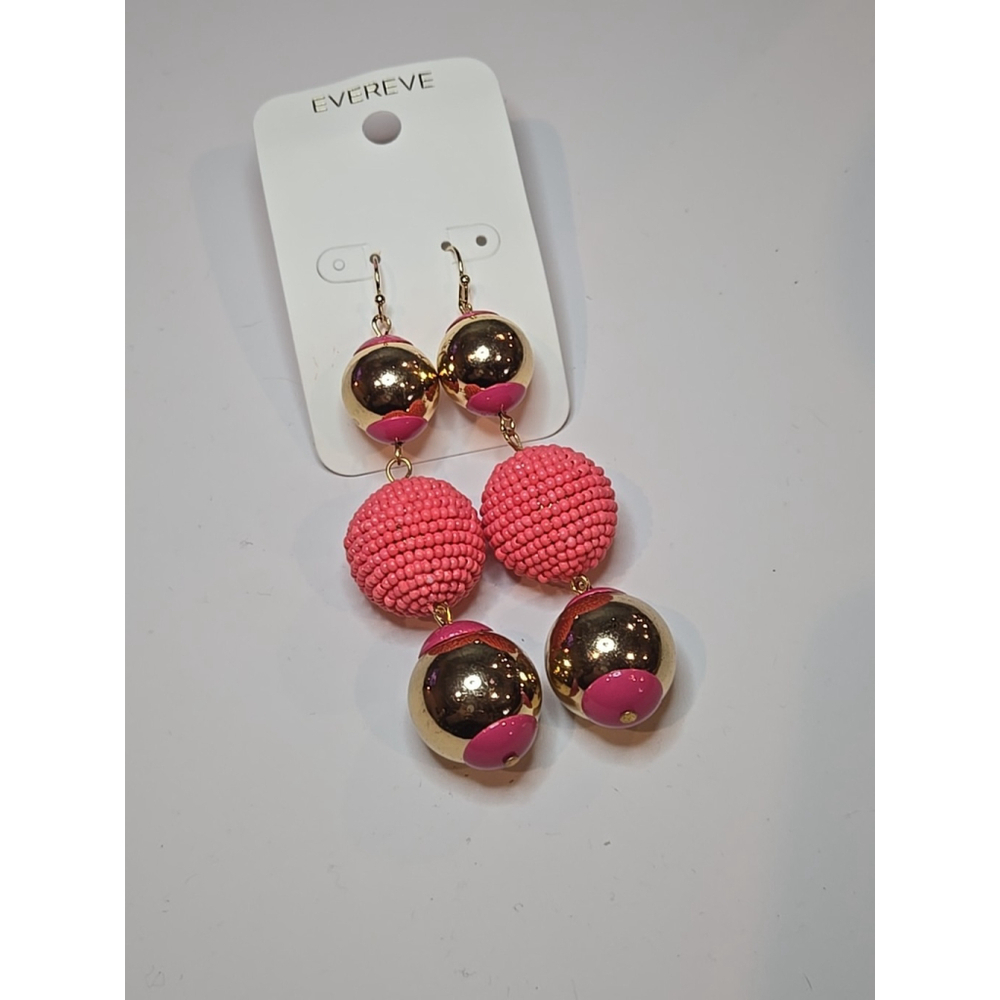 Evereve Mixed Ball Dangle Statement Earrings Pink And Gold Tone New (137)